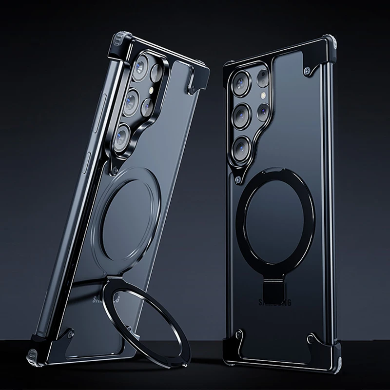 Metal Leather Phone Case For Samsung Galaxy S23 Ultra S24 Ultra Transparent PC Magnetic Ring Holder Wireless Charge Phone Covers