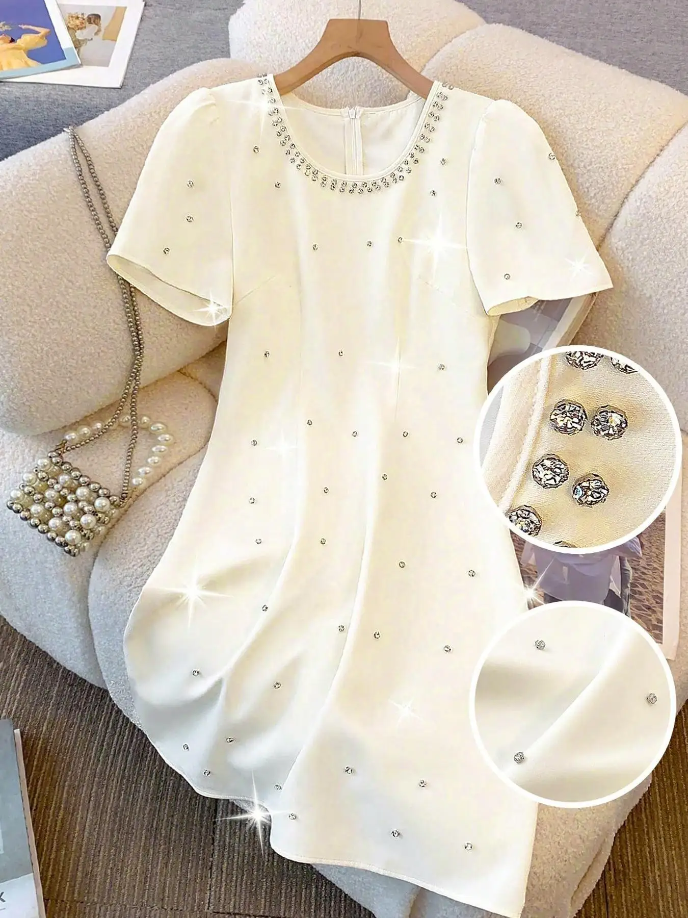 Elegant Women's Fitted Short Sleeve Dress with Rhinestone Design, Chic Plain Dress for Parties and Events, Stylish for Summer