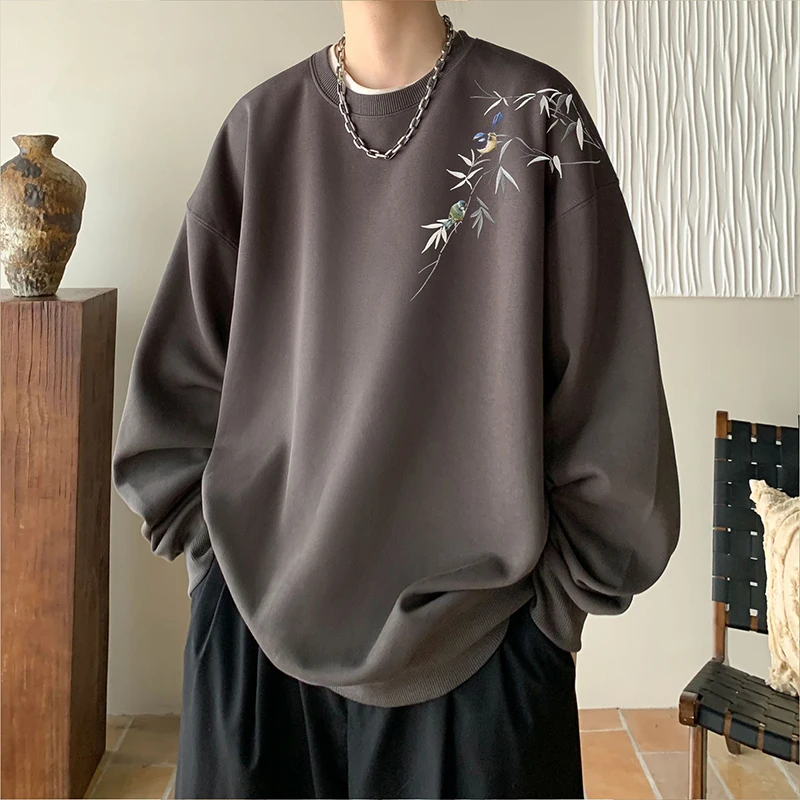 Autumn Winter Bamboo Long Sleeve Men O Neck Sweatshirts Fashion Simple 2xl Oversized Pullovers Daily Wear Red Festive New Year