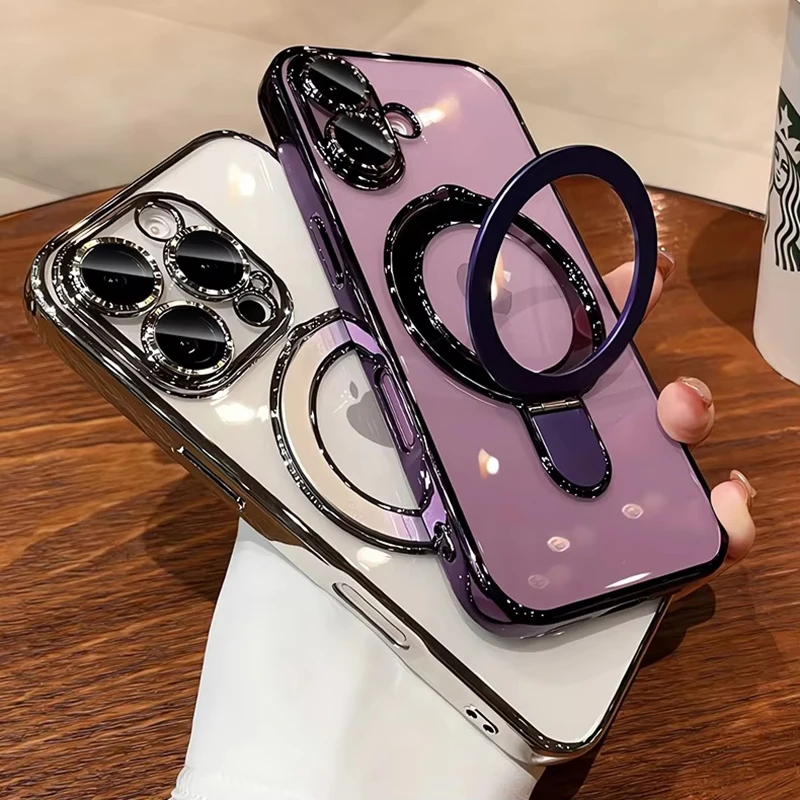 Transparent Fold Holder Phone Case with Magsafe Magnetic Cover and Glass Lens Film