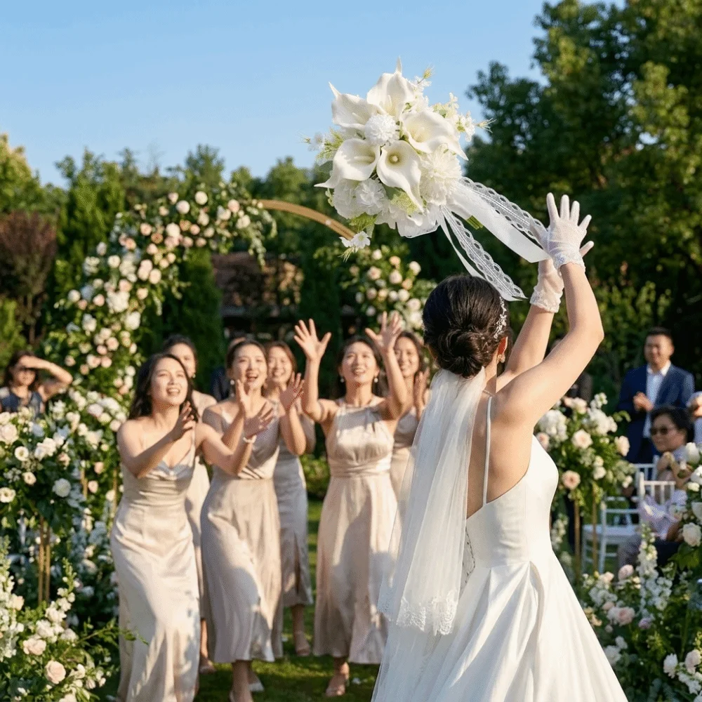 Bouquet da Sposa Romantico con Calla Bianca e Ortensia, Bouquet Artificiale con Nastro in Pizzo, Bouquet da Sposa Artificiale Portatile - Image 5