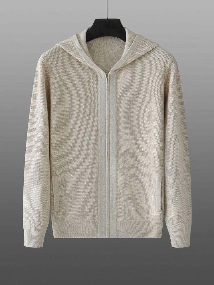 Aliselect Men Pure Cashmere Hooded Cardigan Autumn Winter New Zipper Knit Jacket Thick Sweater Leisure Plus Size Coat Warm Shirt 2