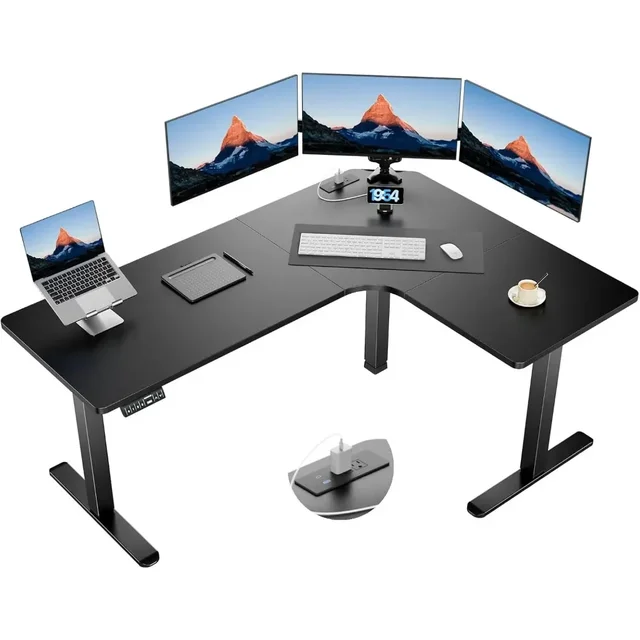63″ Dual Motor L-Shaped Standing Desk, Built-in Power Outlets, Electric Height Adjustable Corner Computer Desk, Large Power