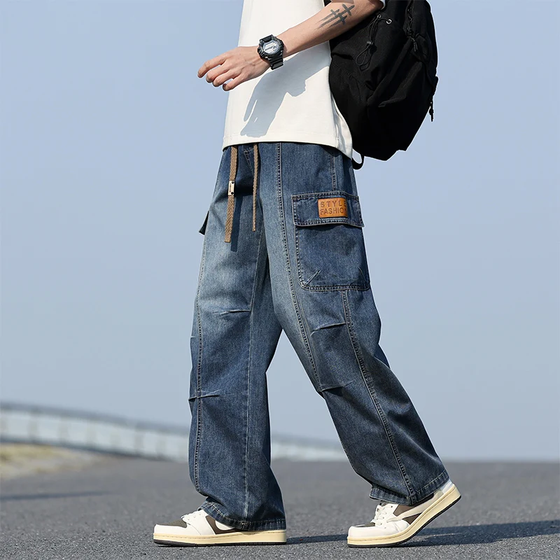 Spring New Wide Leg Washing Jean Cargo Pants Men Street Trousers Neutral Solid Color Loose Casual Thin summer pants Big Size 8xl 3