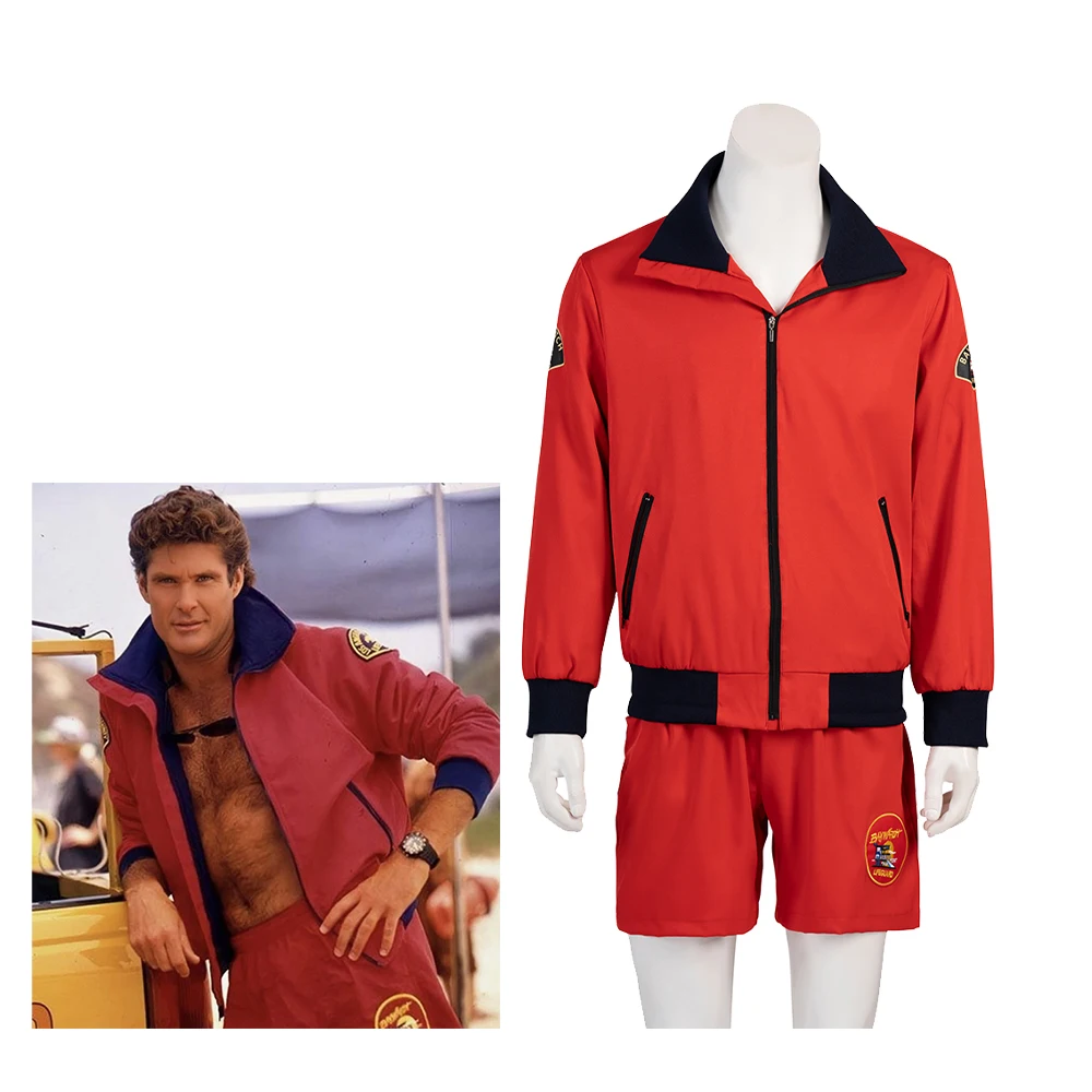 

David Hasselhoff Cosplay Costume Red Jacket Coat Shorts Full Set Baywatch Style Beach Wear Halloween Party Outfits For Adult Men