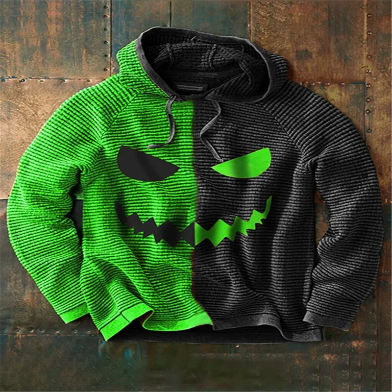 Halloween Pumpkin New Digital Printing Men's Hoodie Autumn Sewn Ribbed Men's Top Winter Pullover Long Sleeve Loose Hooded Shirt