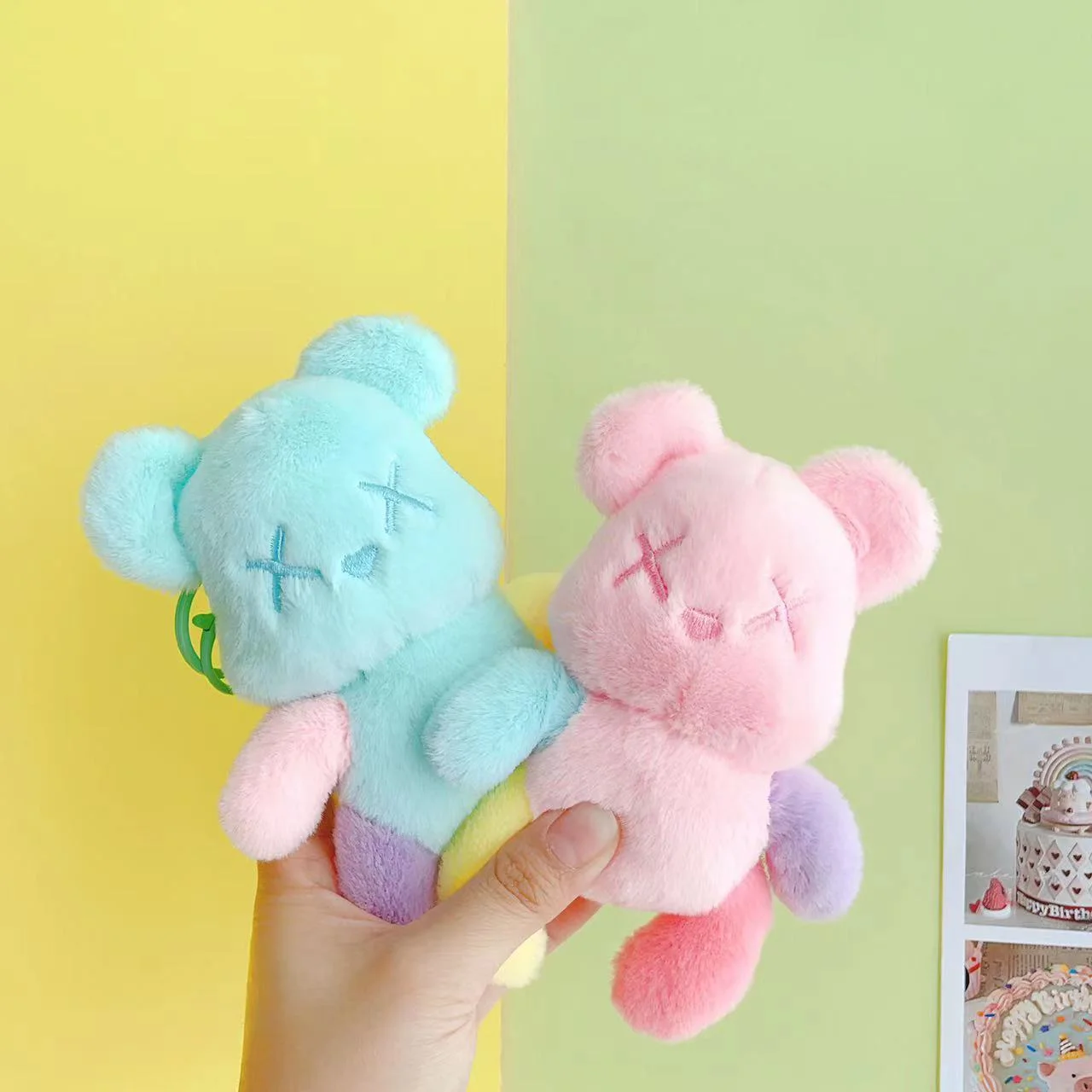 14cm 귀여운 도파민 곰 플러시 키 체인 Kawaii 다채로운 곰 키 체인 동물 열쇠 고리 자동차 키 액세서리 여자 여자 가방 펜던트