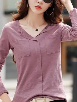 2025 طويلة الأكمام الخريف الشتاء النساء سلوب القطن تي شيرت الإناث الأخضر الخامس الرقبة بلون تي شيرت القهوة الكورية لينة فضفاض القمم 3