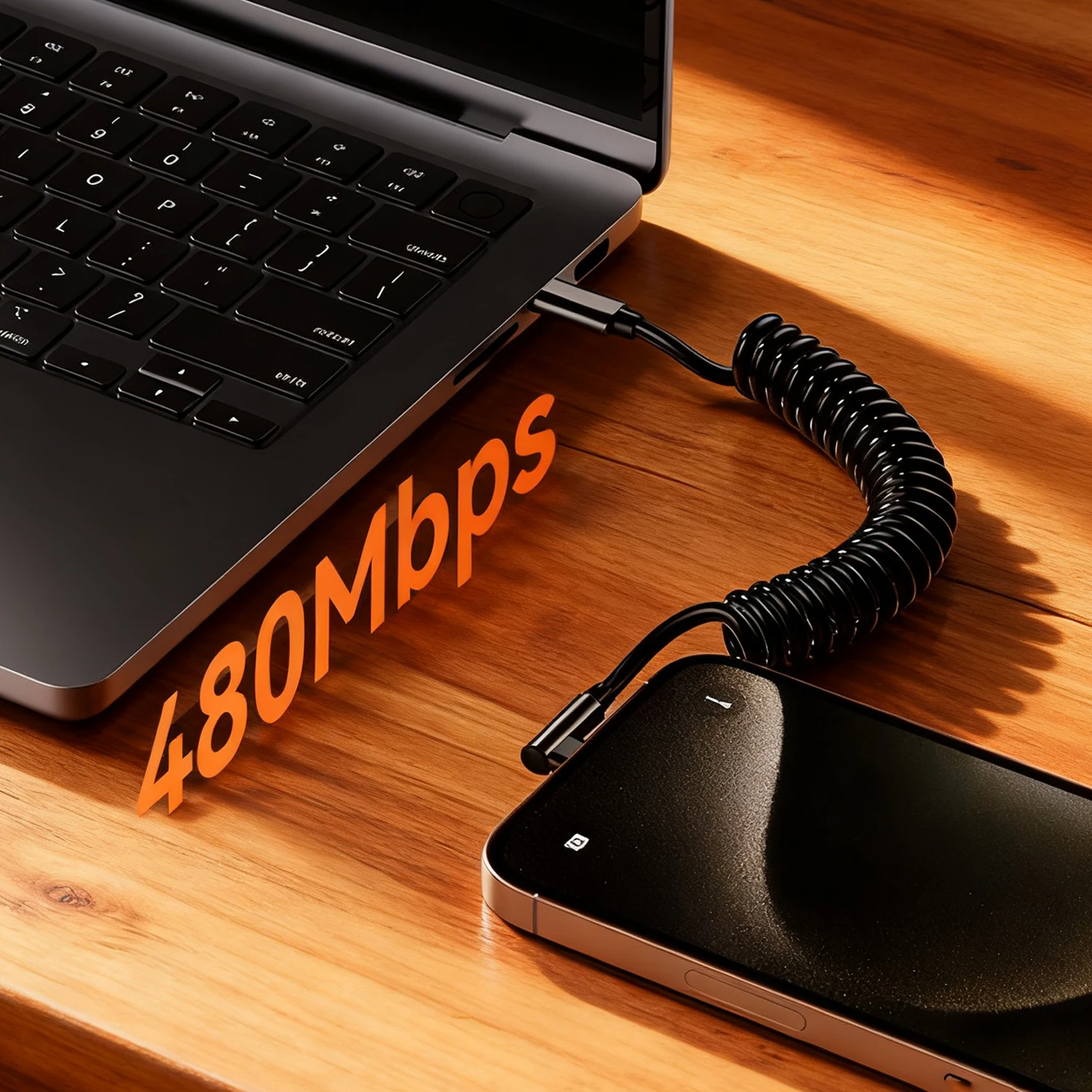 High-Power Coiled USB-C to C 90° Right Angle Quick Charge Data Cable