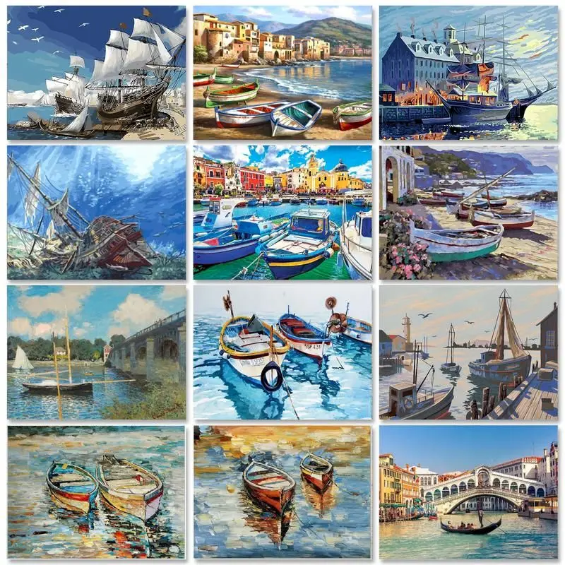 

GATYZTORY 60x75cm Landscape Pictures By Numbers Handmade Picture Drawing Shore Side Boats Painting Numbers Artwork Living Room D