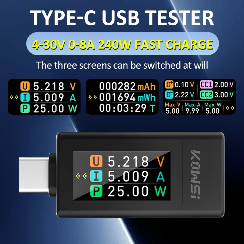새로운 타입-C USB 테스터 전류 전압 모니터 240W 고속 충전 4-30V 0-8A 전압 전류 전력계 전류계 전원 차단 저장