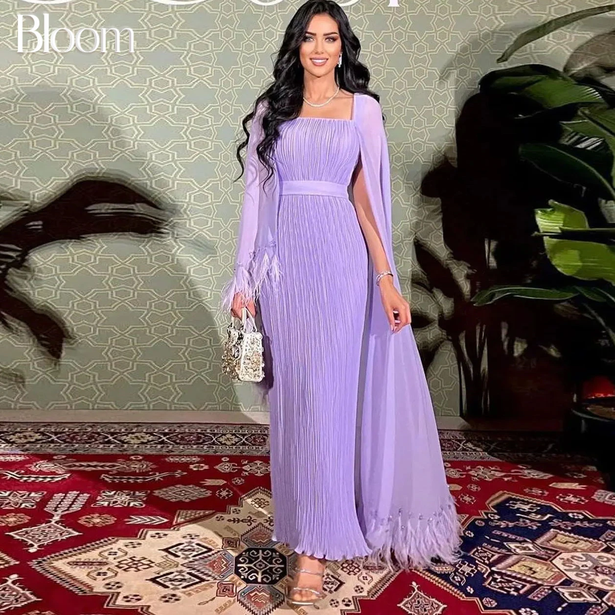 

Bloom Lilac Pleated Luxury Evening Dresses For Prom With Feathers Chiffon Arabia Cloak Formal Dress Wedding Party Dress 2024