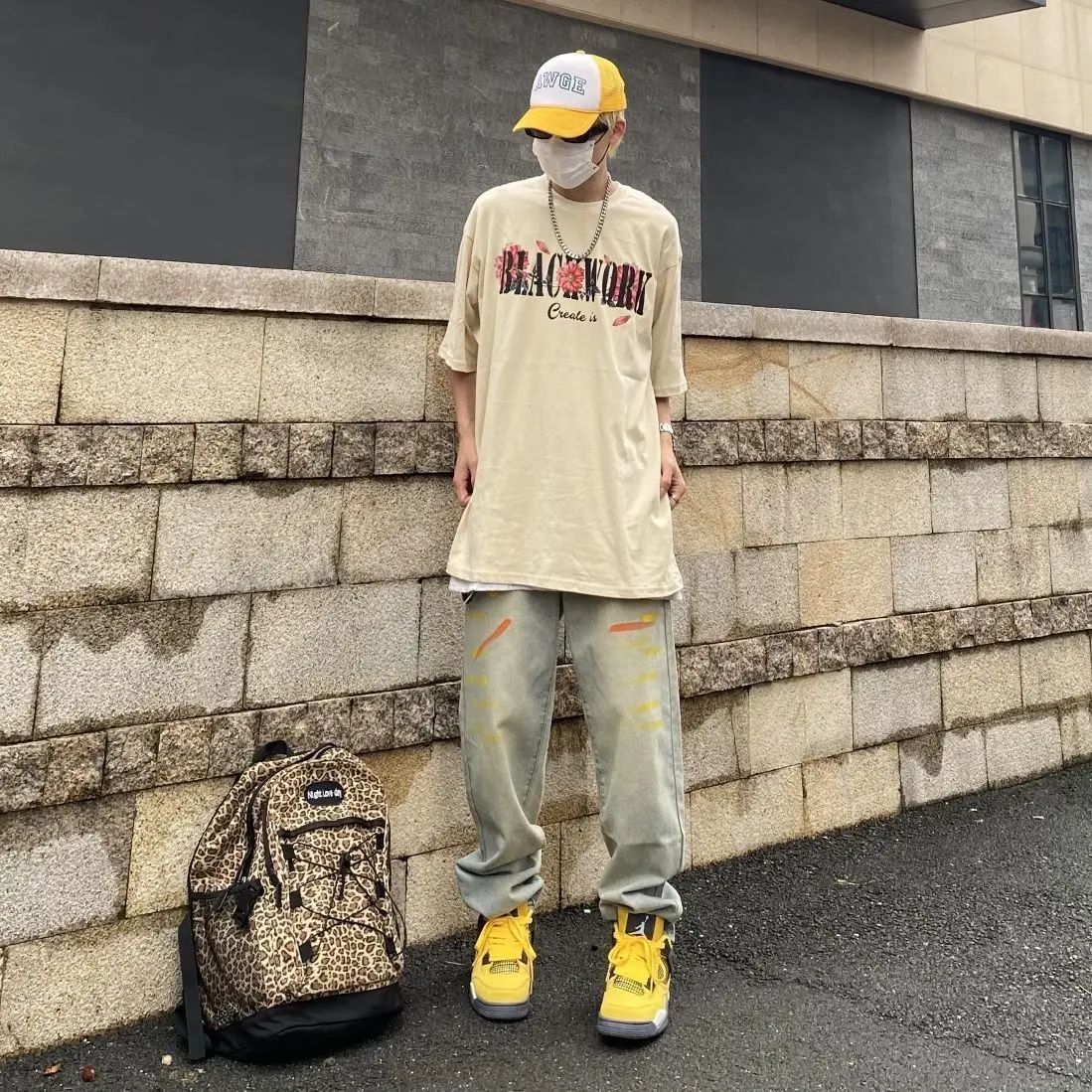 American Vibe Style Pants High Street Trendy Men'S Splashed Ink Yellow Mud Vintage Jeans Hiphop Straight Leg Pants