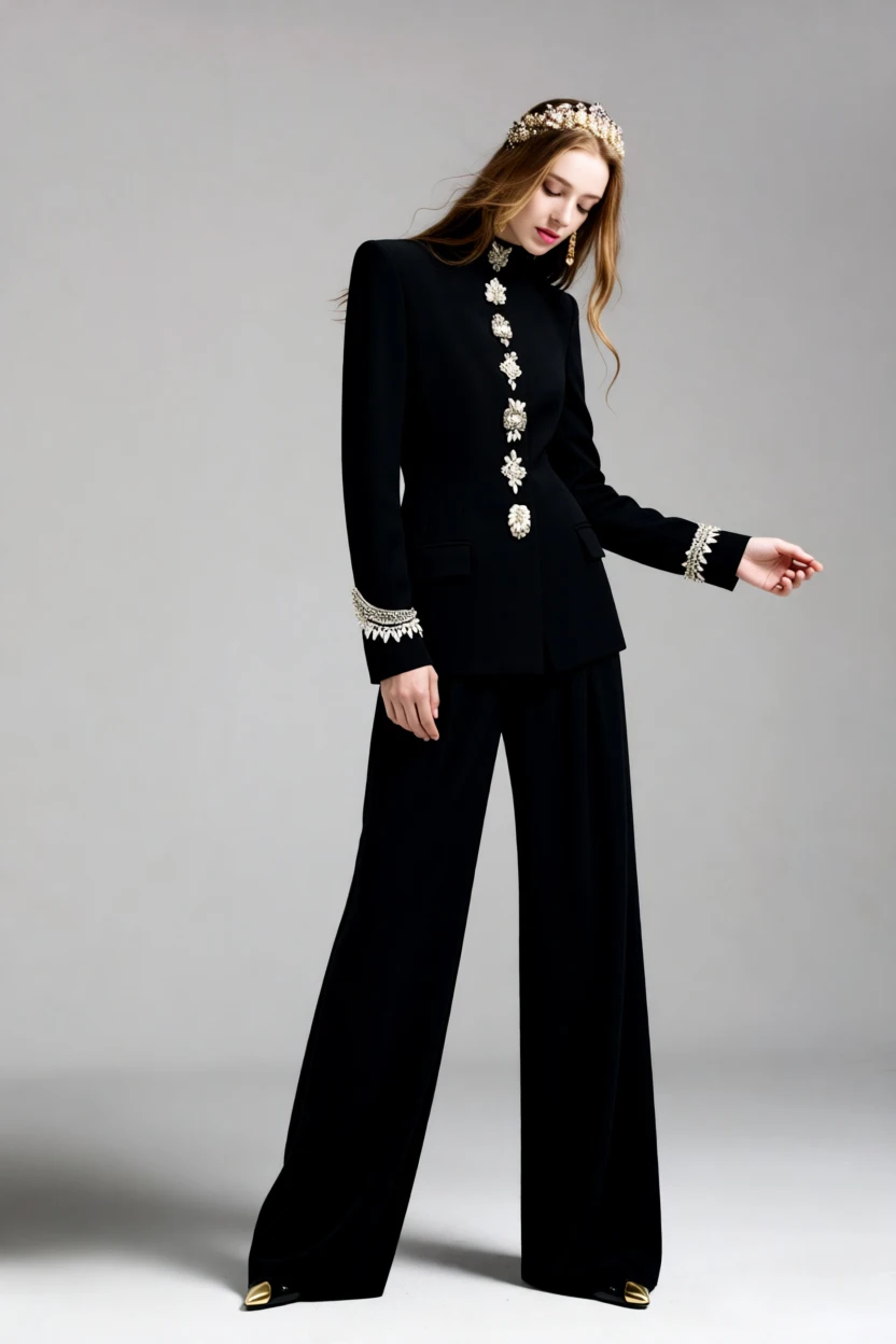 طقم بليزر أسود برقبة عالية وسروال واسع الساق مكون...