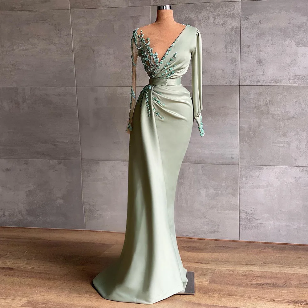 

2023Beautiful Exquisite Beading Satin Mermaid Prom Dresses Long Sleeves V-Neck Evening Gown Pleats Dubai Women Formal Party Gown
