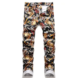 Men's Fashion Digital Print Jeans Mid-Waist Casual Slim Pencil Pants Motorcycle Hip Hop Streetwear