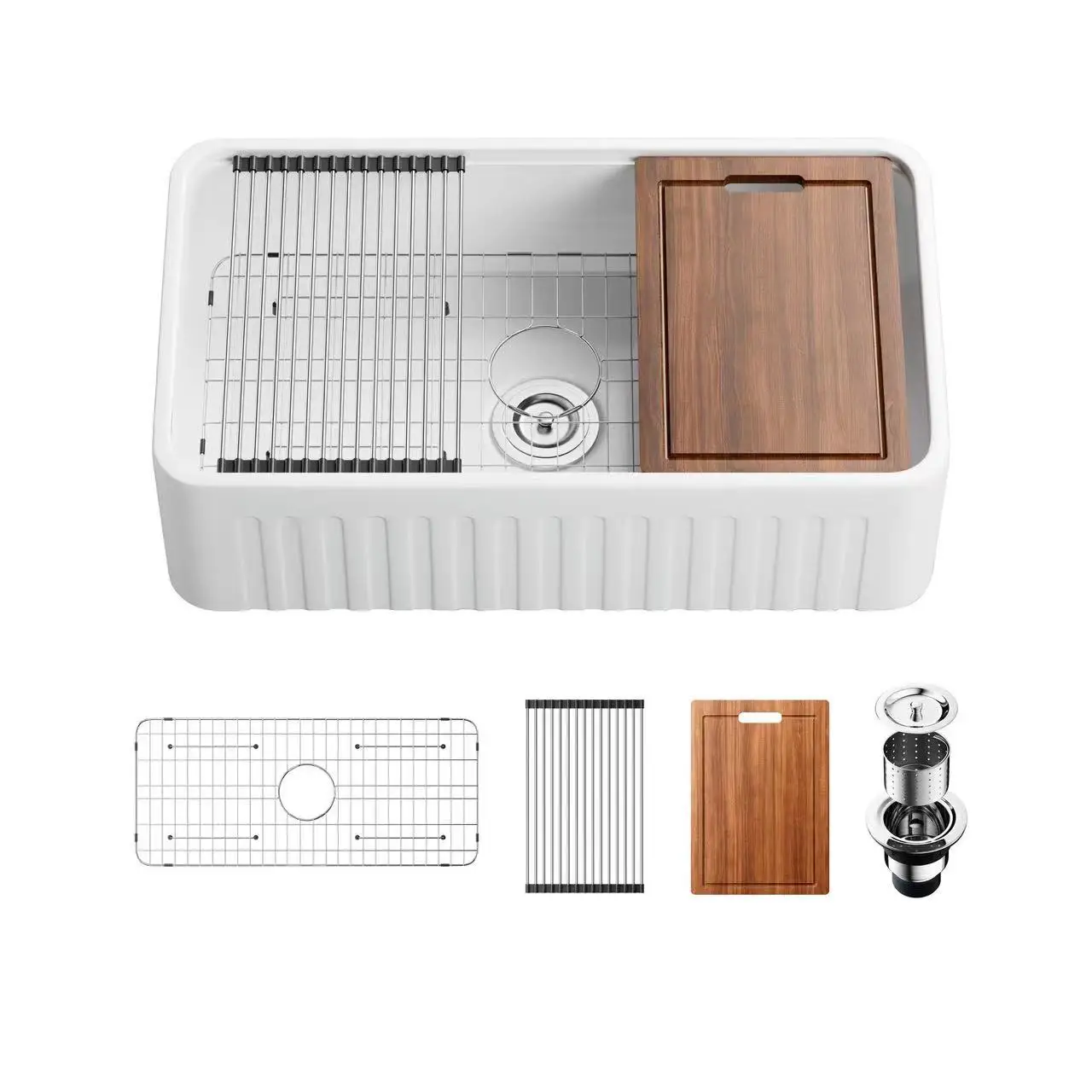 Single Bowl Farmhouse Kitchen Sink ,Ceramic with Cutting Board ,Grid & Strainer-White 24/33 Inch