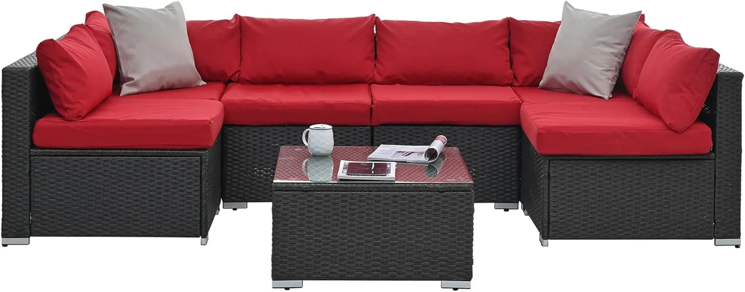 7 Piece Patio Furniture Sets, Outdoor Sectional Furniture, Patio Conversation Sets, All Weather Wicker Patio Sofa w/ Cushion