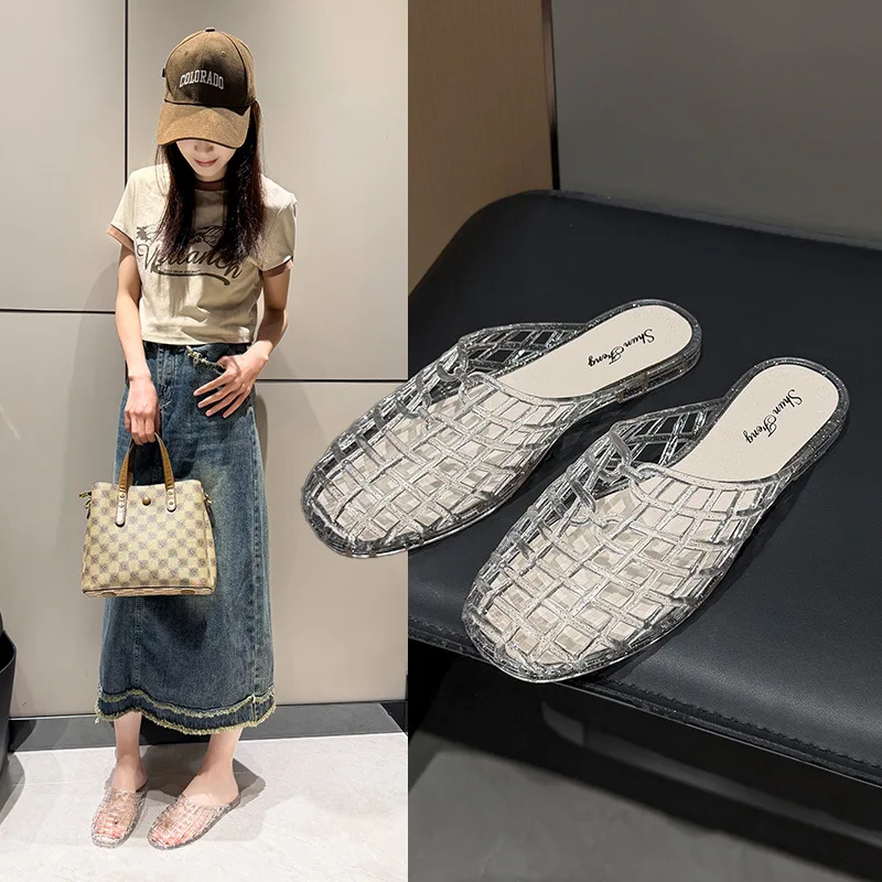 Women's slippers summer breathable women's cool sandals summer sparkling flat hollow out versatile hooded cool sandals for women 2