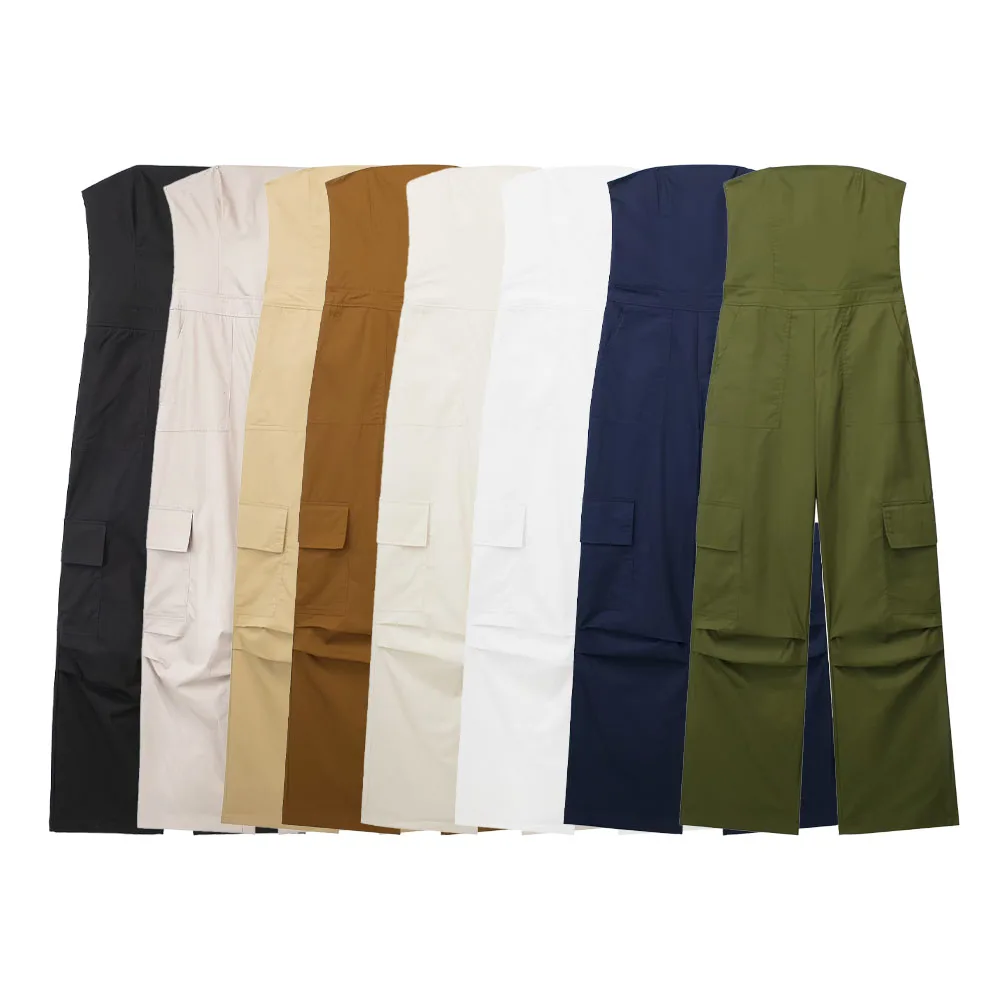 

Zach AiIsa summer new women's fashion retro temperament tube top strapless loose pocket high waist long overalls jumpsuit