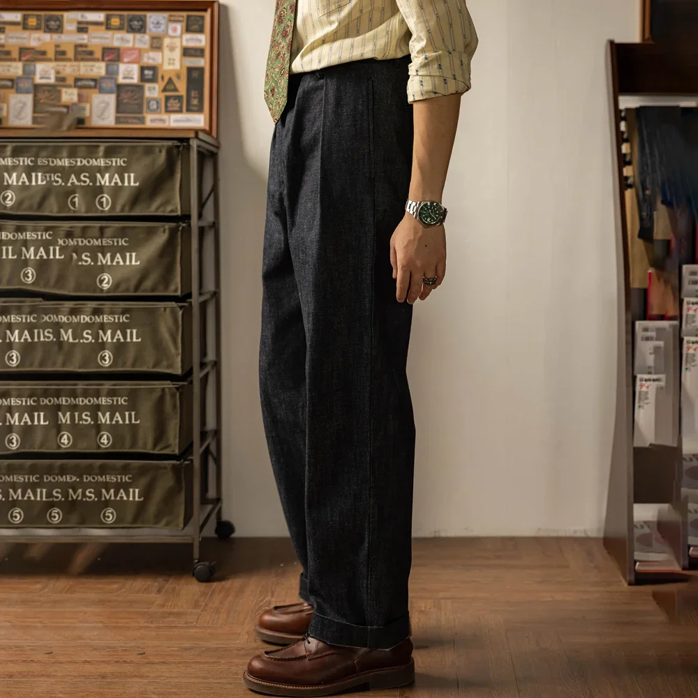 Red Tornado Double Pleated Wide Leg Denim Trousers Vintage Style Pants For Men 2