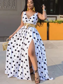 Sexy Deep V Neck Polka Dot Long Dress For Women Summer Boho Sleeveless Slim Print Side Slit Party Maxi Dresses Robe Femme 1