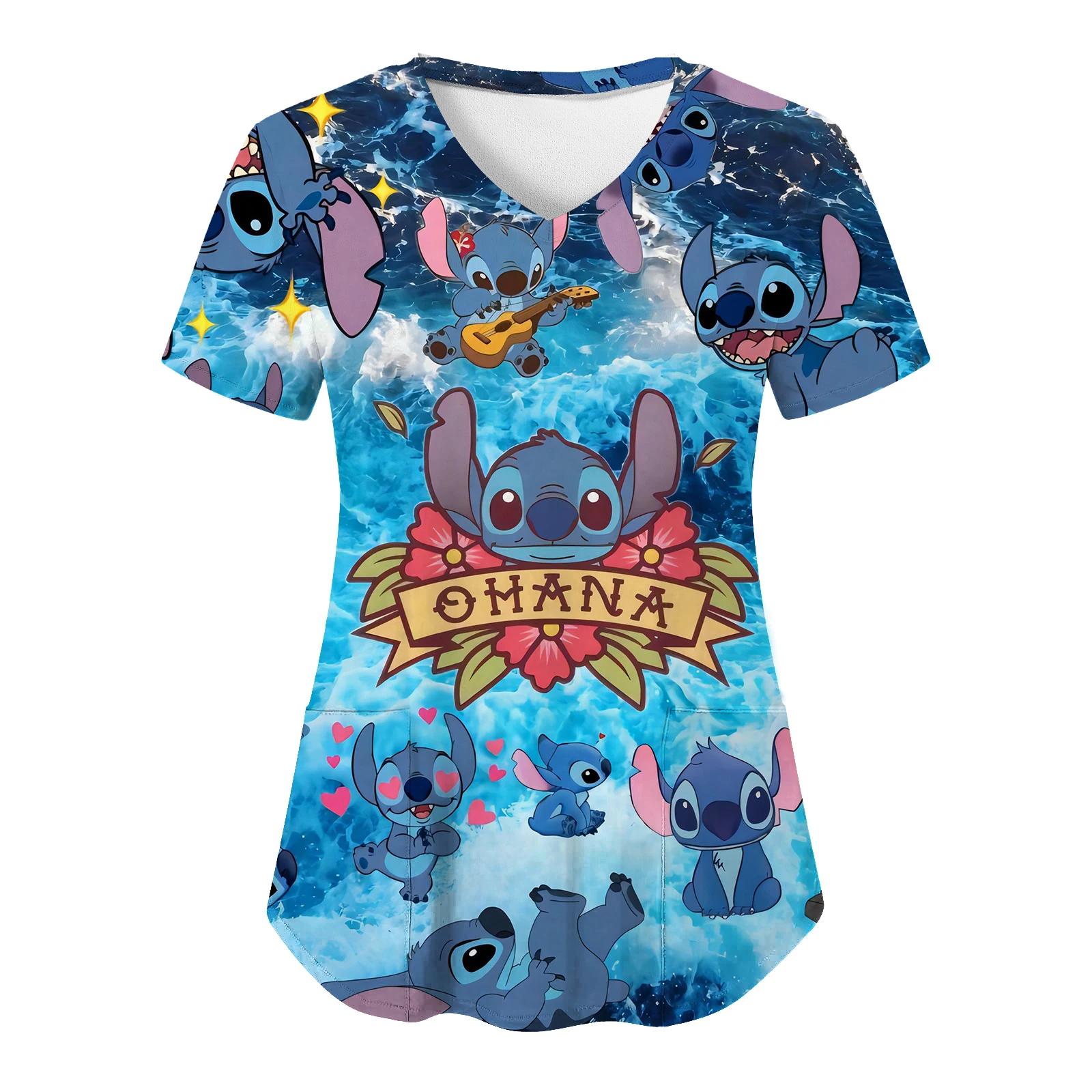 Pocket Stich Disney Stitch Hospital T-shirt Nurse Uniform Tops V