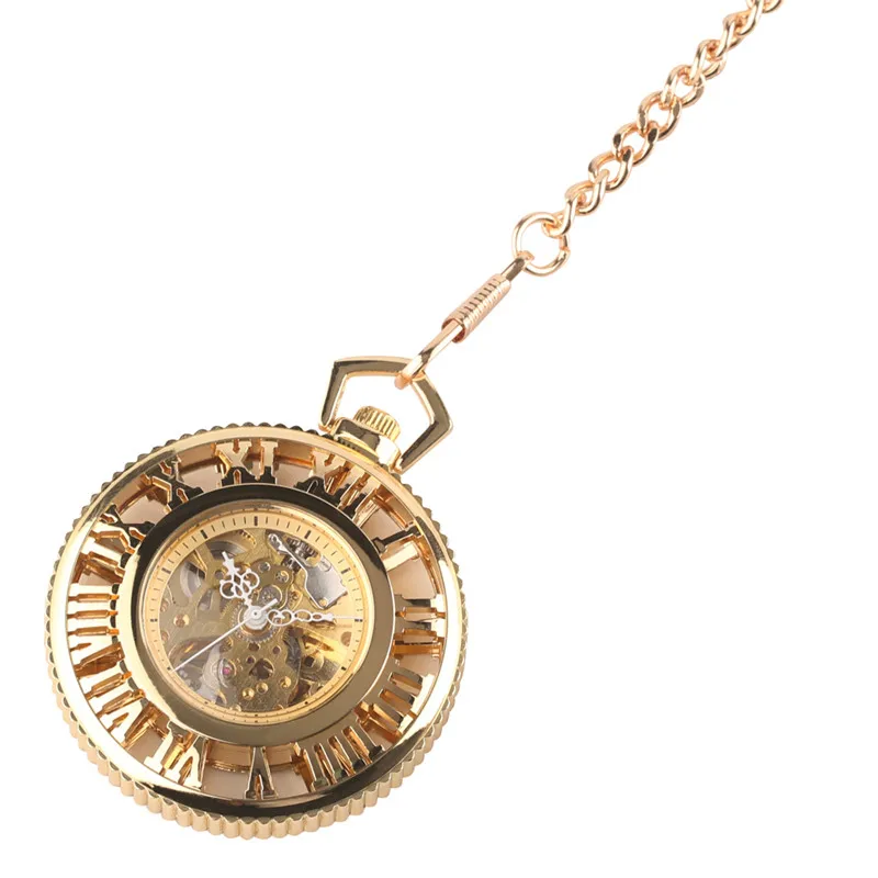 Steampunk Golden Hollow Automatic Mechanical Pocket Watch for Women Men Hollow Roman Number Dial Clock Pendant Necklace Chain