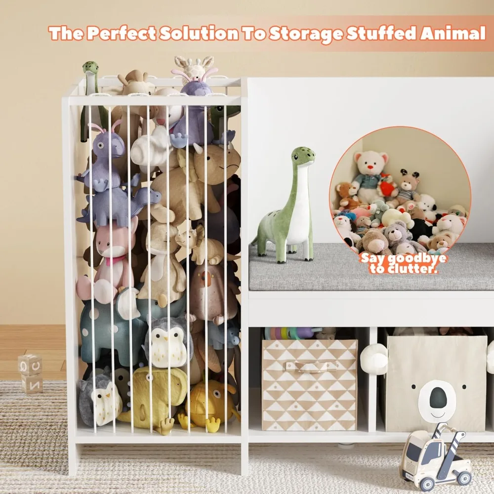 Kids Reading Nook with Bench, Toy Storage Organizer, Bookshelf with Seat Cushion, 3 Cubbies & Wheels for Playroom