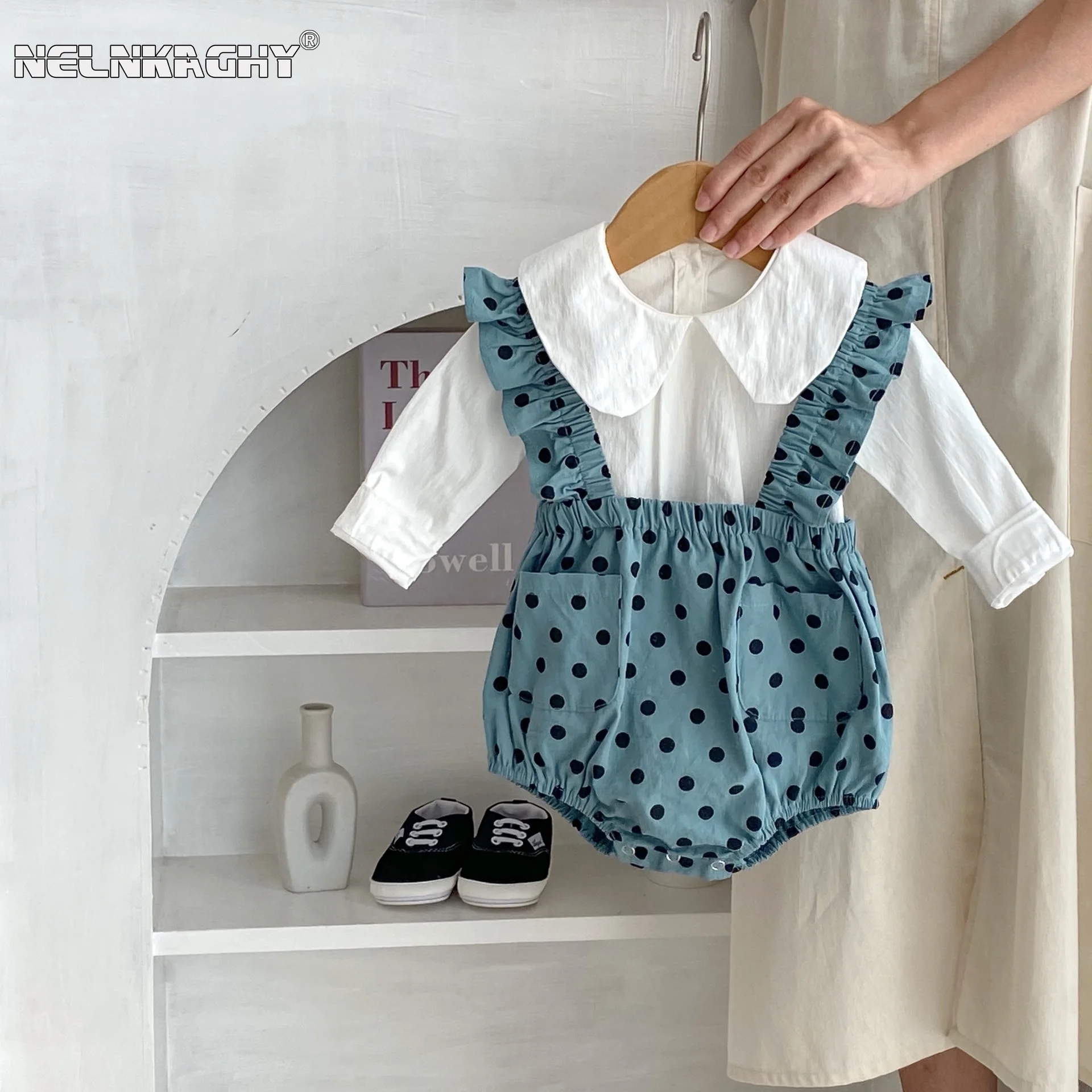 

2023 Autumn Outfit for Infant Toddler Girls: Doll Collar Long Sleeve Base Shirt + Dot Strap Bodysuit - Pure Color Baby Clothing