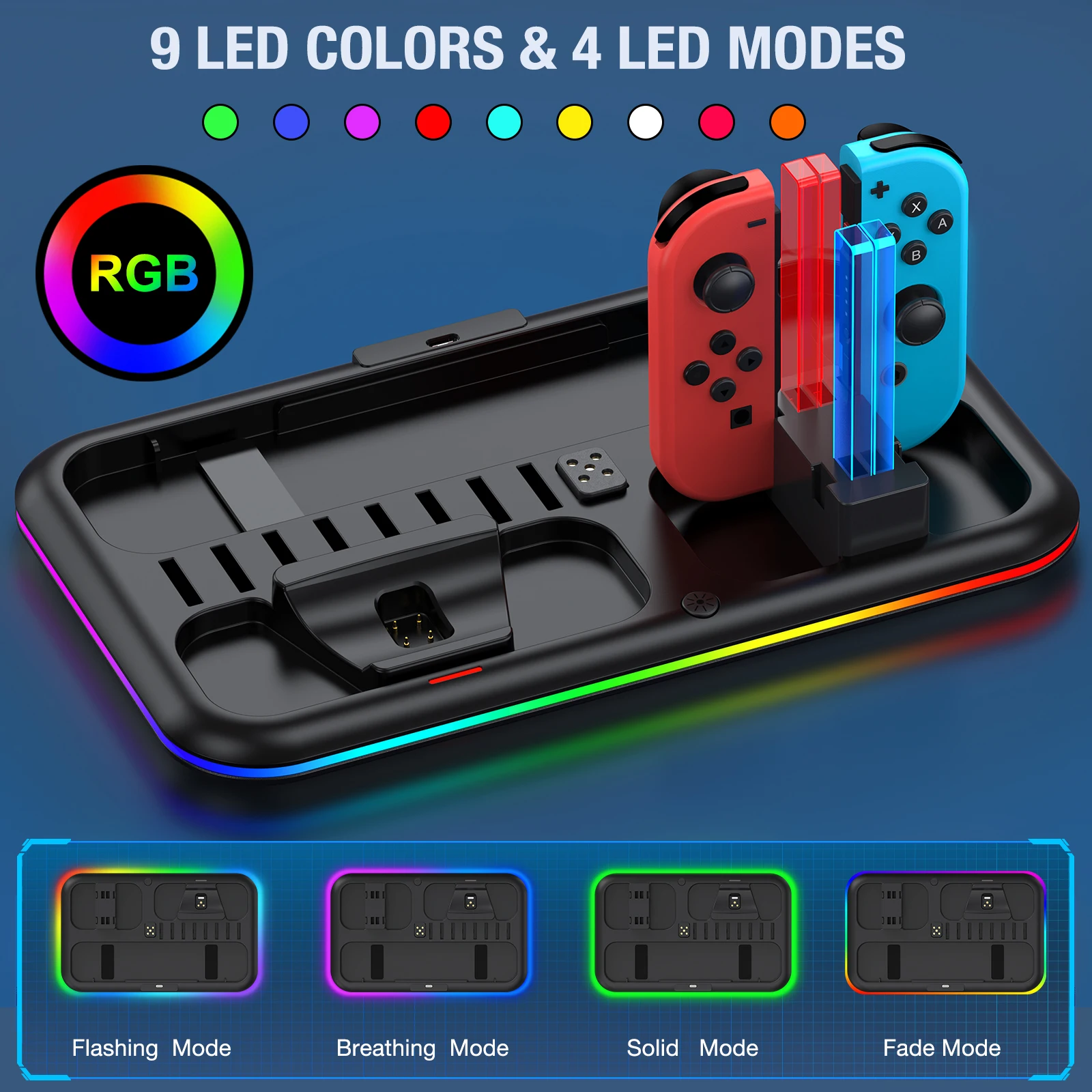 BEBONCOOL SC100 RGB 충전 도킹 스테이션 Nintendo 스위치/스위치 OLED Joycon/Pro 컨트롤러 충전기 게임 카드 보관