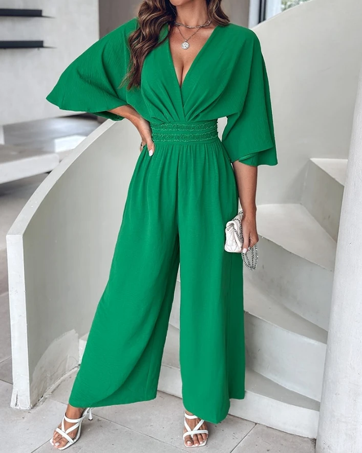 Jumpsuits for Women New Casual Deep V-Neck Wide Leg Ruched Women One Pieces Bodysuit Women Short Sleeve Elegant Casual Jumpsuit