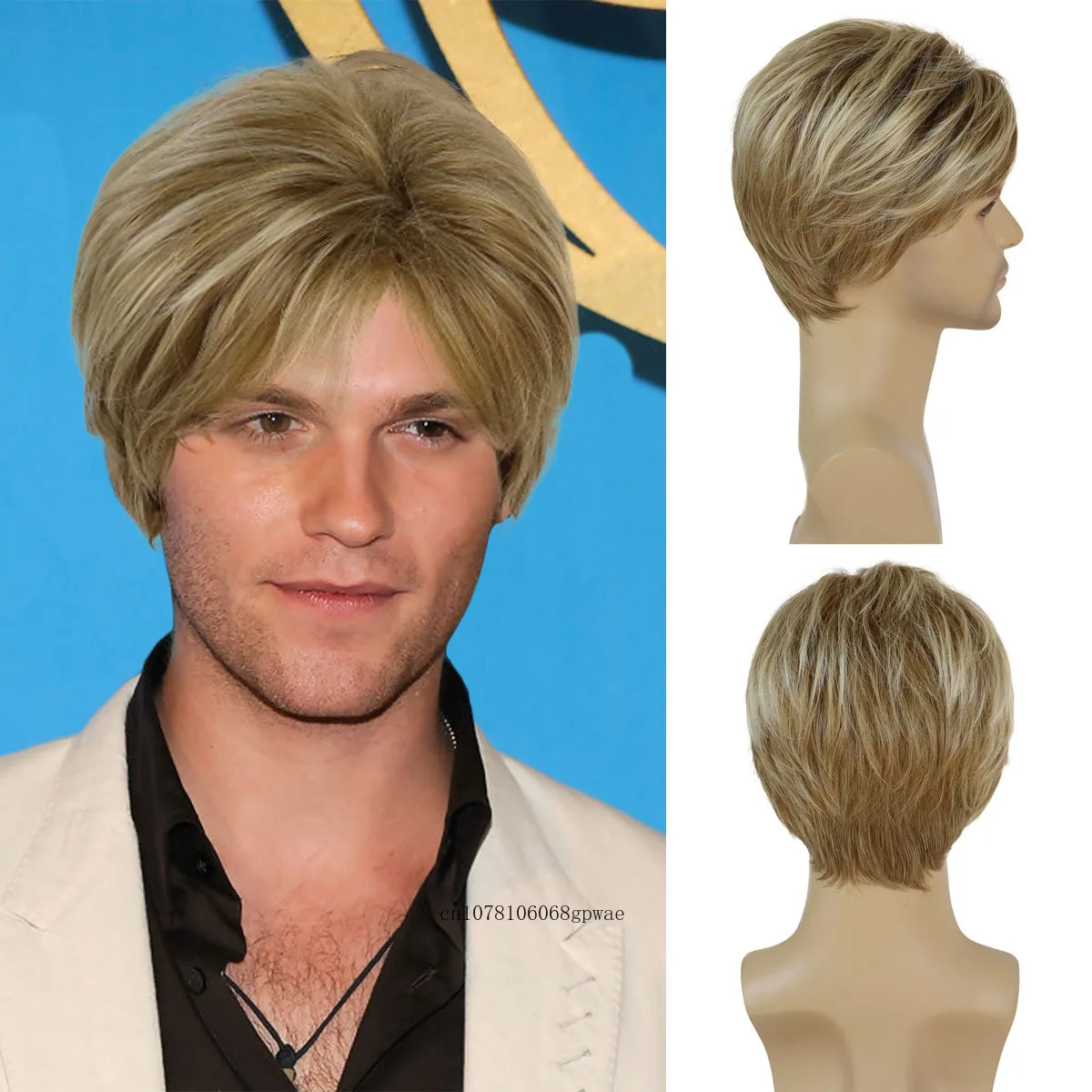 

Парик блонд для мужчин, прямые синтетические, для косплея, для костюма аниме, с челкой, натуральные мягкие термостойкие