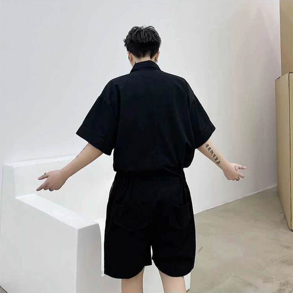 Men Y2k Street One Piece Workwear Rompers Japanese Cityboy Tracksuits Summer Male Short Sleeve Shorts Genderless Cargo Jumpsuits