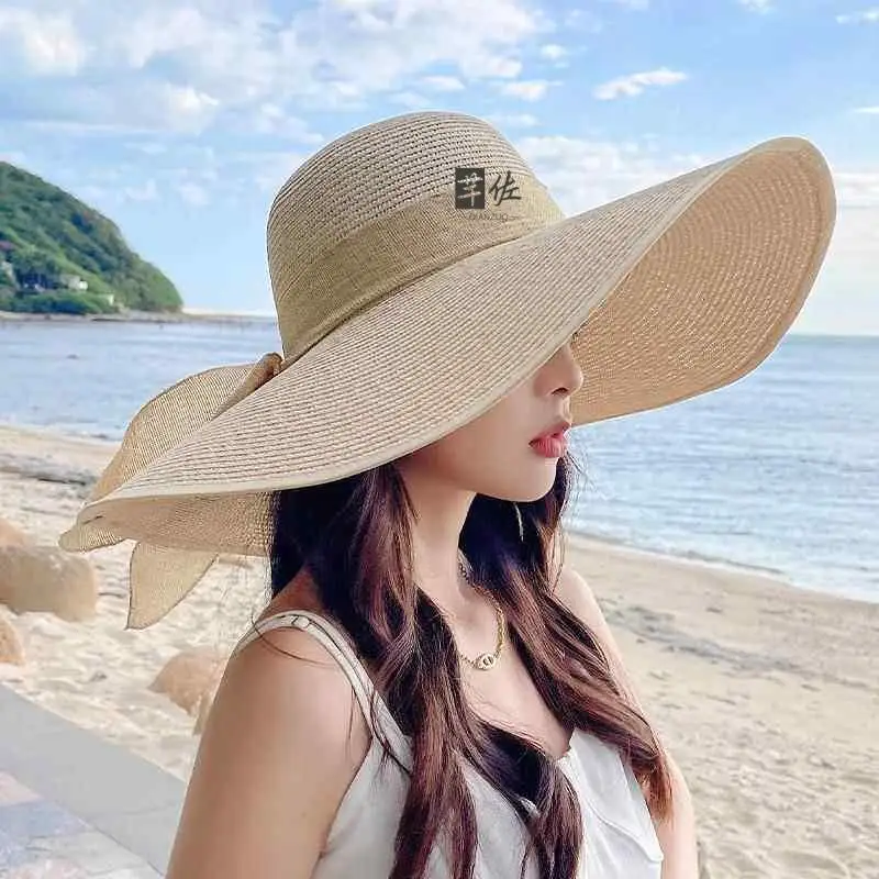 여름 신상 여성 밀짚모자 자외선 차단 초대형 챙 얼굴 가리개 비치 해변용 햇빛 가리개 접이식 모자 비치 악세사리