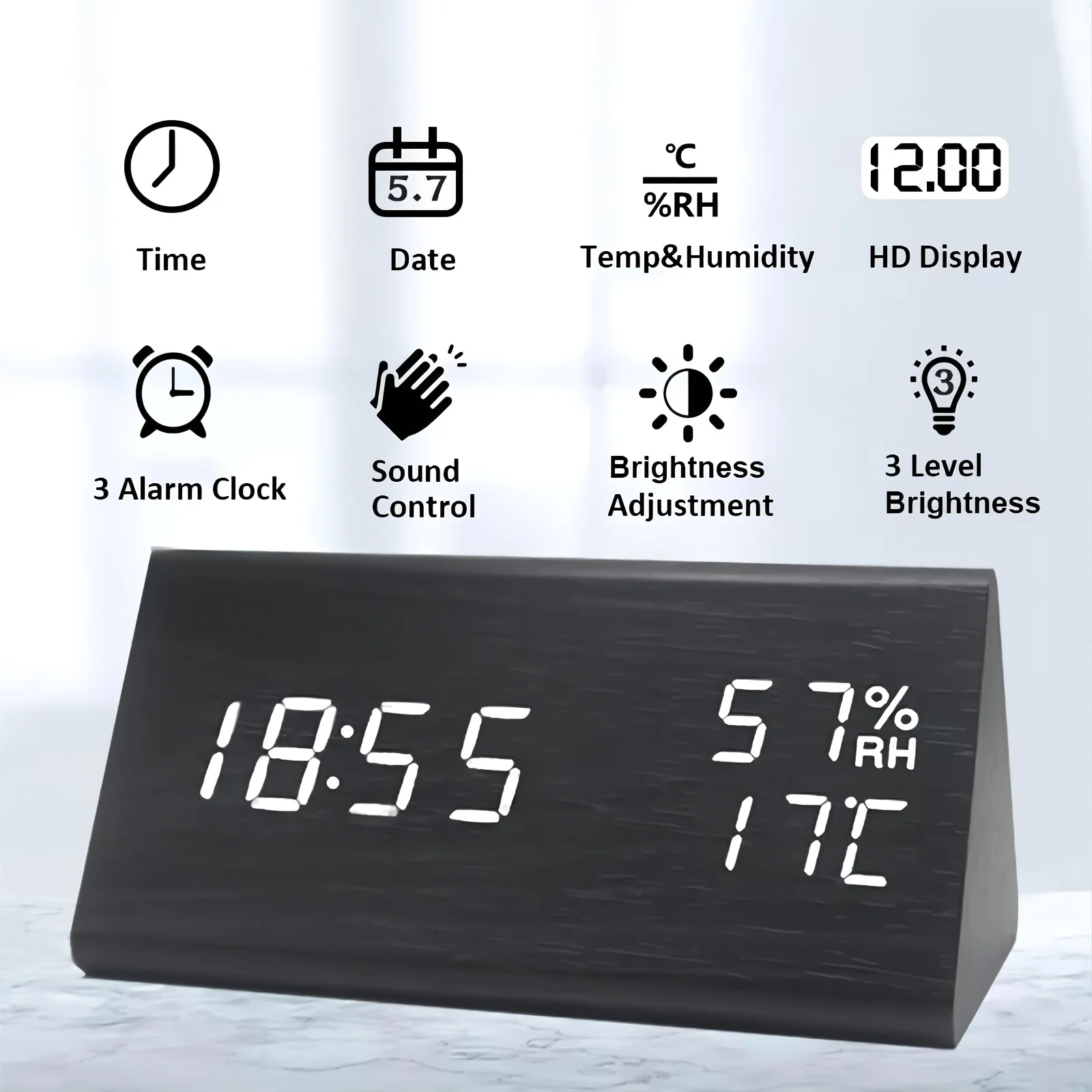 Wooden Triangular LED Alarm Clock | Brightness, 3 Alarm Settings ...