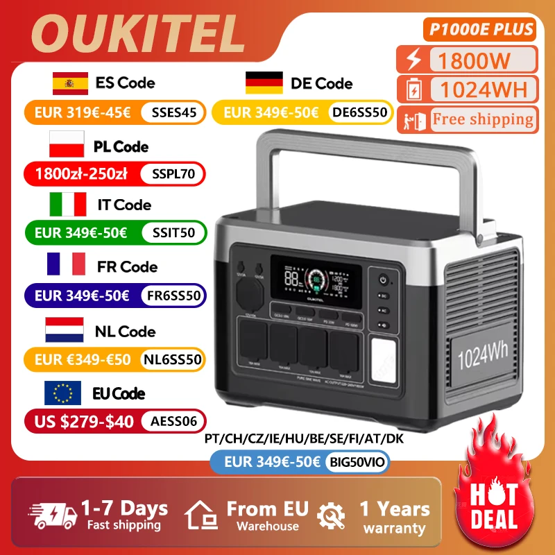 Stacja zasilania OUKITEL P1000 PLUS 1800W z EU za $287.16 / ~1068zł