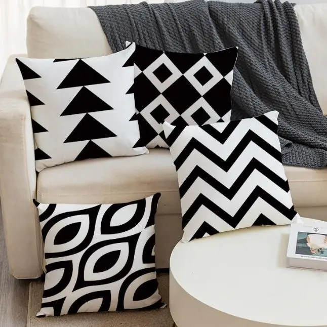

Полиэстер с геометрическим принтом водонепроницаемый чехол для подушки, декоративная наволочка для дома, офиса, дивана, черно-белая наволочка 45x45 см