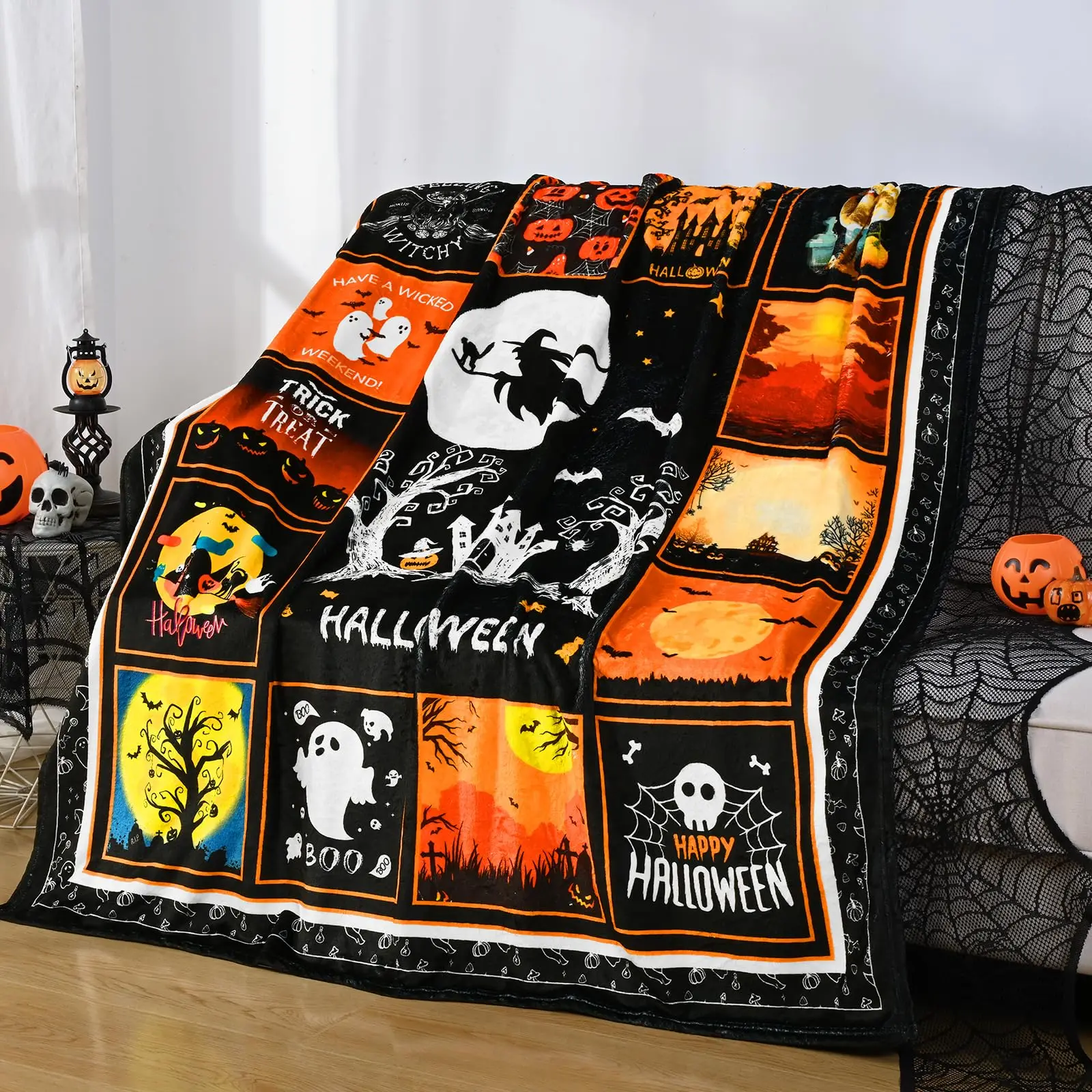 

HX Halloween Blanket Trick-or-treat Funny Ghost Plaid Printed Throw Blankets Cozy Keep Warm Quilts Festival Gifts Dropshipping