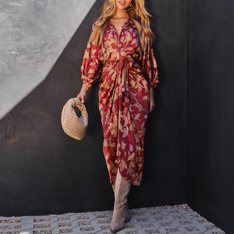 

Autumn Spring Casual High Waist Office Dress Elegant Print Long Sleeve Shirt Dress Female Lapel Collar Pleated Draped Long Dress
