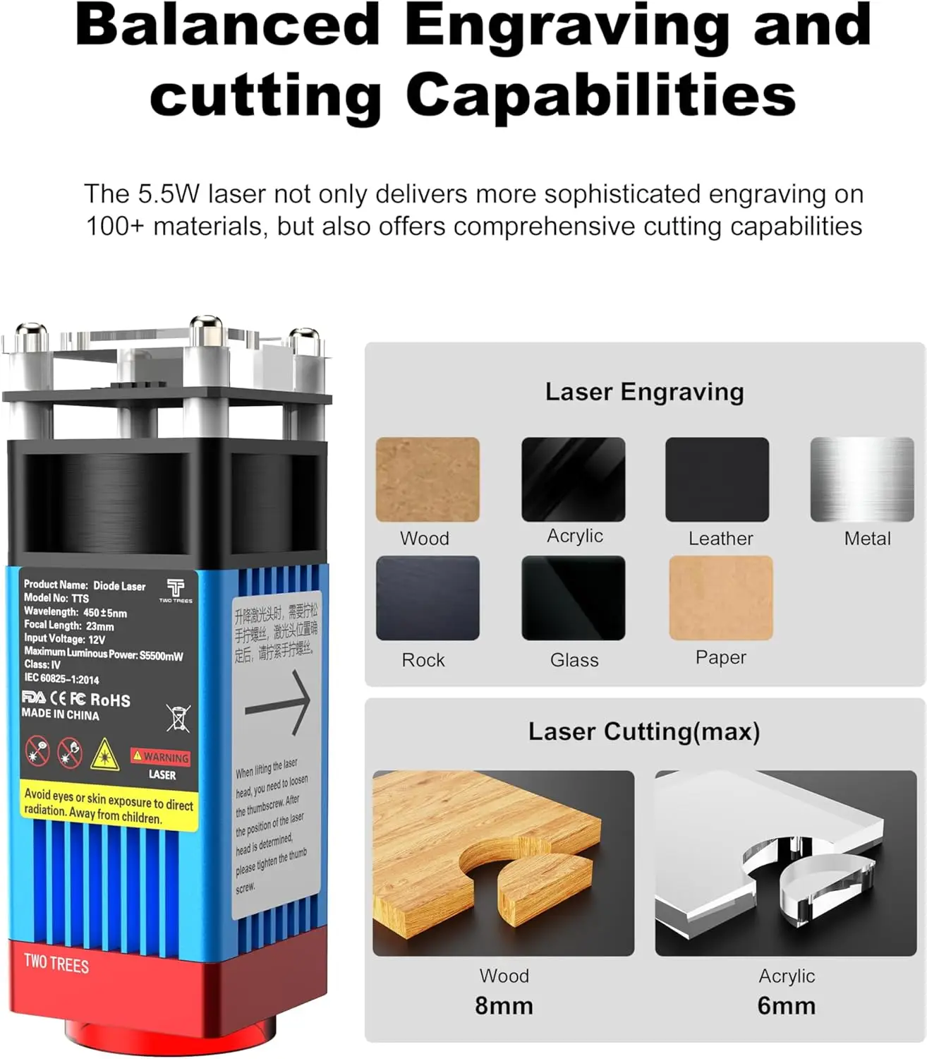 Twotrees TTS-55 Pro Laser Engraver 5500mW Laser Engraving Machine,Laser Cutter,30000mm/min Speed,0.08mm Laser Spot Engraver Mach