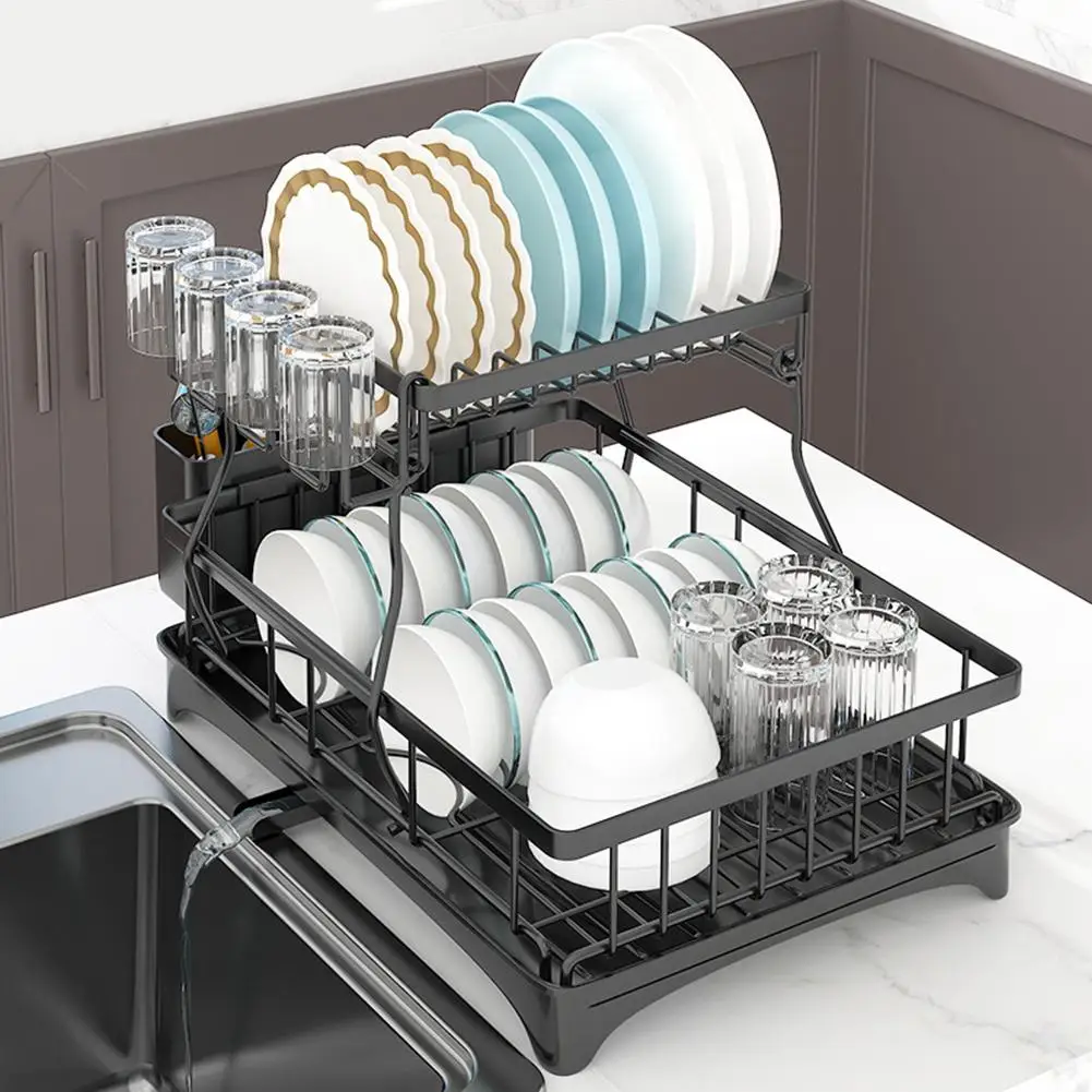 2 Tier Dish Drying Rack Multifunctional Dish Rack for Kitchen Counter,  Stainless Steel Large Capacity Dish Drainer with Drainboard, Utensil  Holder