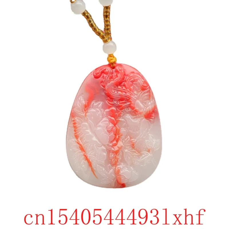 

Natural Red White Jade Phoenix Peony Pendant Necklace Fashion Jewelry Beads Jadeite Carved Charm Amulet for Women Gifts Luxury