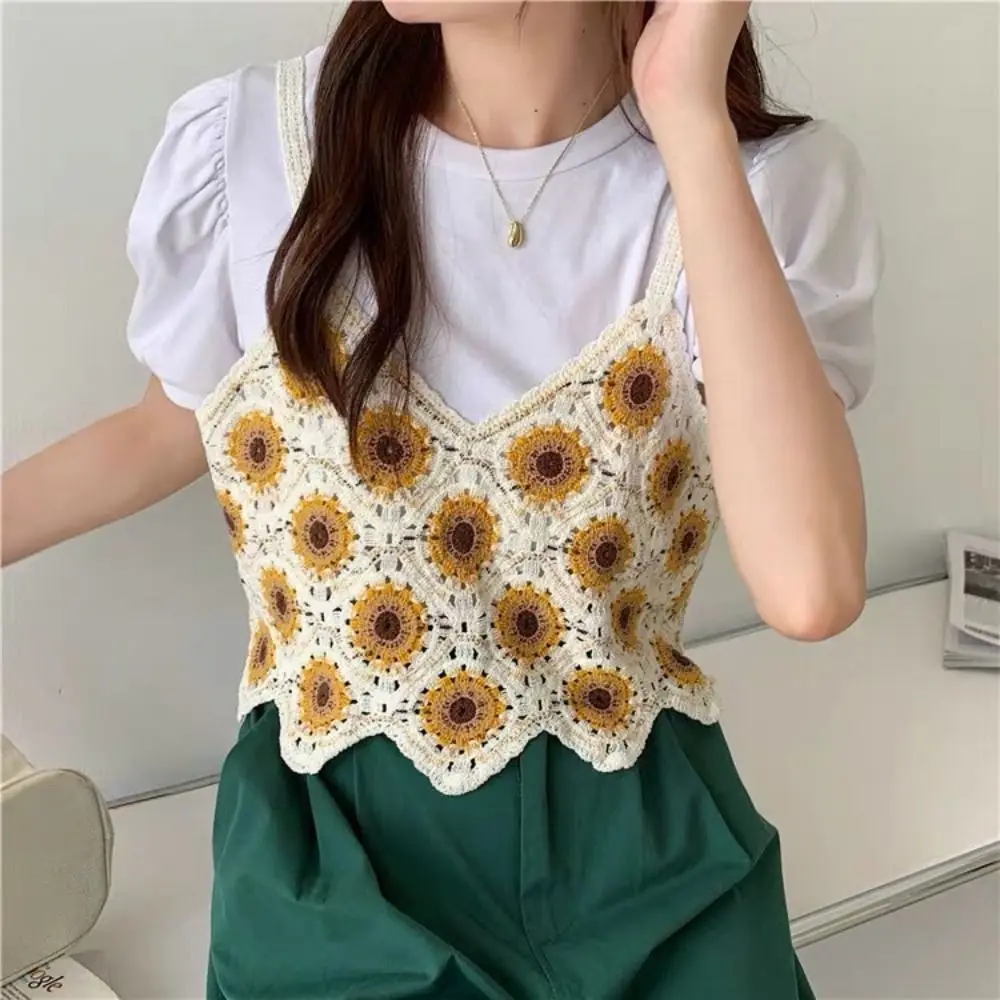 

Sleeveless Knitted Vest Fashion Short Sunflower Patter Women's Crop Top Sweet Daisy Sleeveless Cami