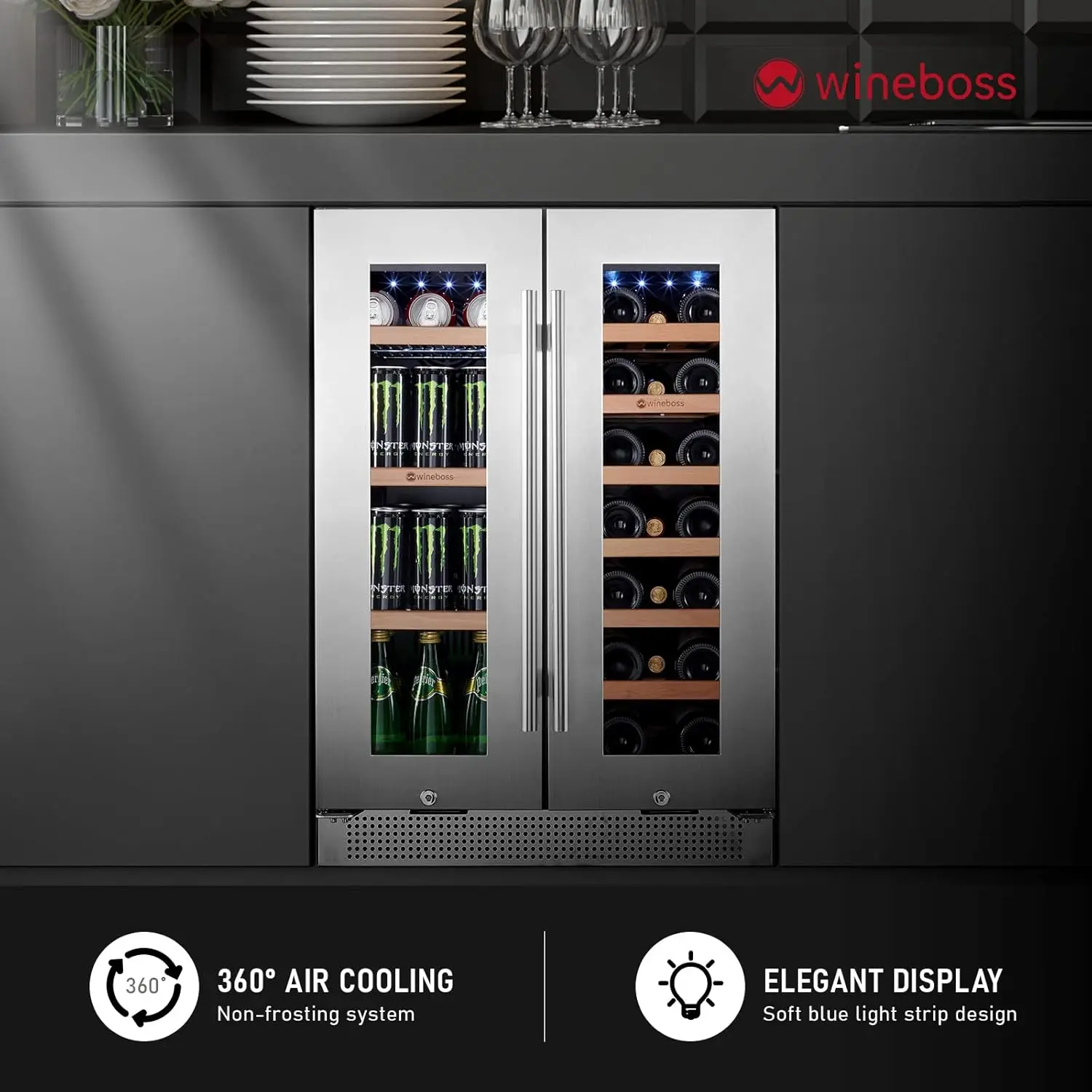 24inch Wine and Beverage Refrigerator, 20 Bottle& 88 Cans Dual Zone Fridge Built-in Under Counter Cooler Freestanding