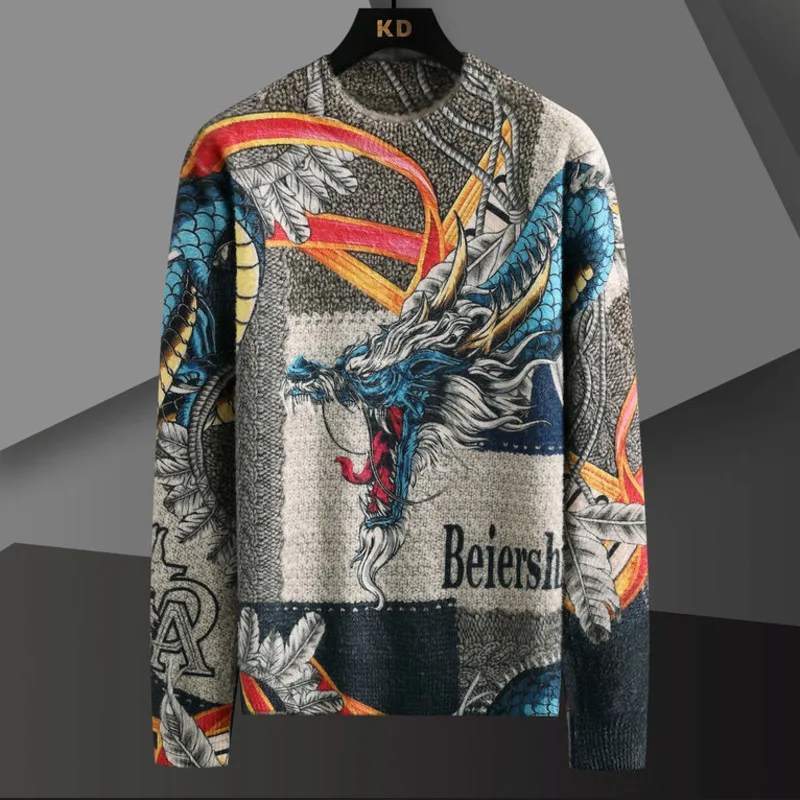

Personalized Digital Three Colorful Animal Dragon Print Dimensional Printing Pattern Knitted Sweater Men Warm Keeping Pullover