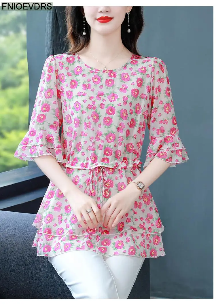 S-4XL Loose Clothes 2023 Women Summer Short Sleeve Elegant Ruffles Shirts Casual Chiffon Floral Tunic Peplum Tops And Blouses