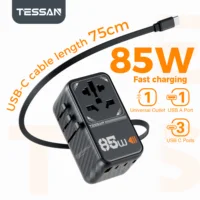 TESSAN 85W GaN Universal Travel Adapter with 1 USB 3 Type C 1 USB C Cable International Plug Wall Charger for US EU UK AU Travel