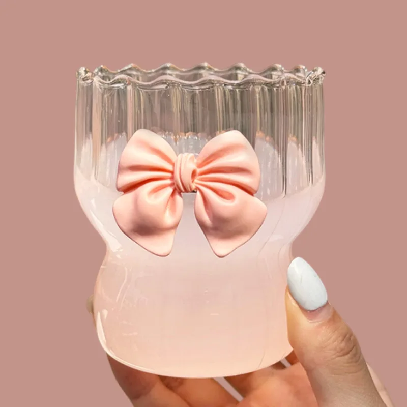 300ML high borosilicate glass cup Pink bow heat-resistant coffee cup vertical grain fat tea girl heart cold and hot dual