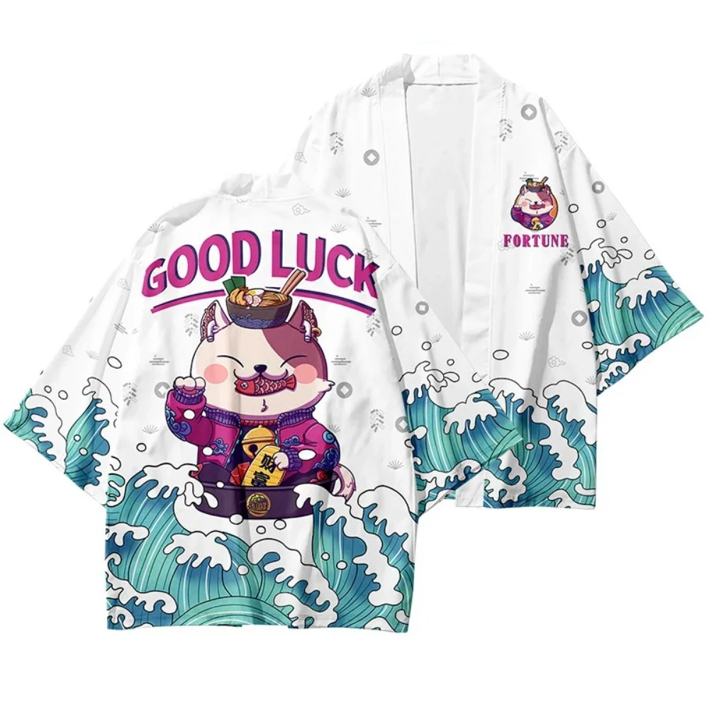 Japanese Traditional Cartoon Lucky Cat kimono summer beach sun protection cardigan men women fun feather weaving kids tops japanese kimono japanese kimono cardigan japanese kimono shirt